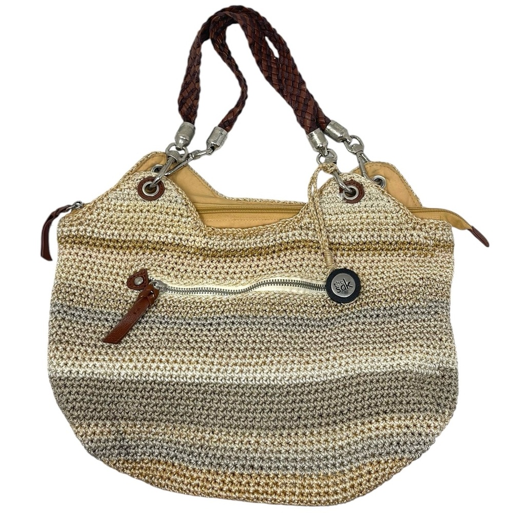 The Sak "Indio" Crochet Shoulder Bag Boho Beige Sand Striped Purse Braided Strap